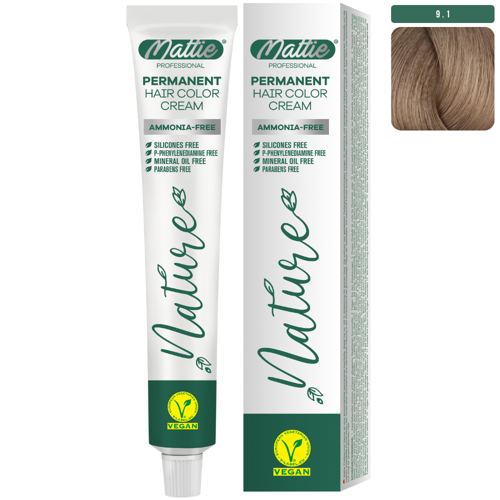 Mattie Professional Nature (9.1) Very Light Ash Blonde - Vegan Permanent Color Cream 60ml